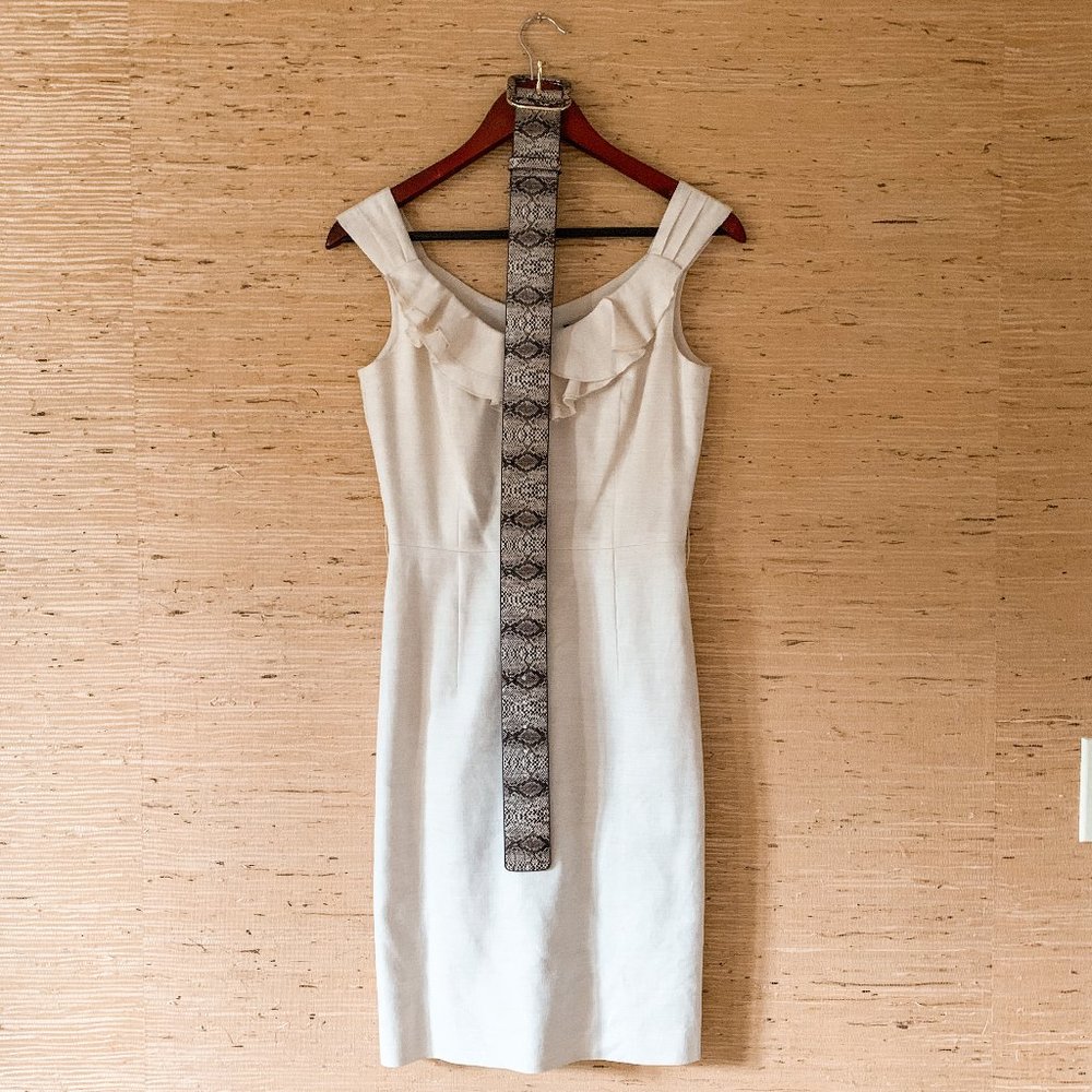 Antonio Melani Pencil-Cut Linen Dress in Ivory w/ Snakeskin Belt